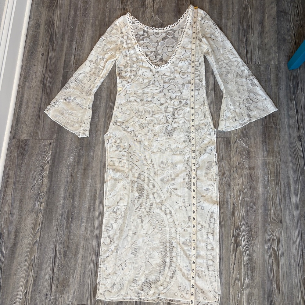 White Lace Midi Dress | Bell Sleeves | Deep V Neck | Boho Romantic - Picture 7 of 11